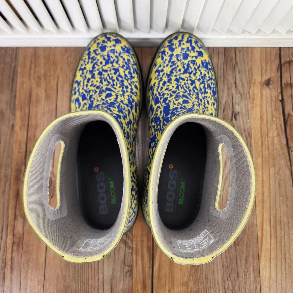 Bogs Patch Rain Boots Womens Sz 10 Blue Yellow Spot Splatter Rubber Ankle Garden